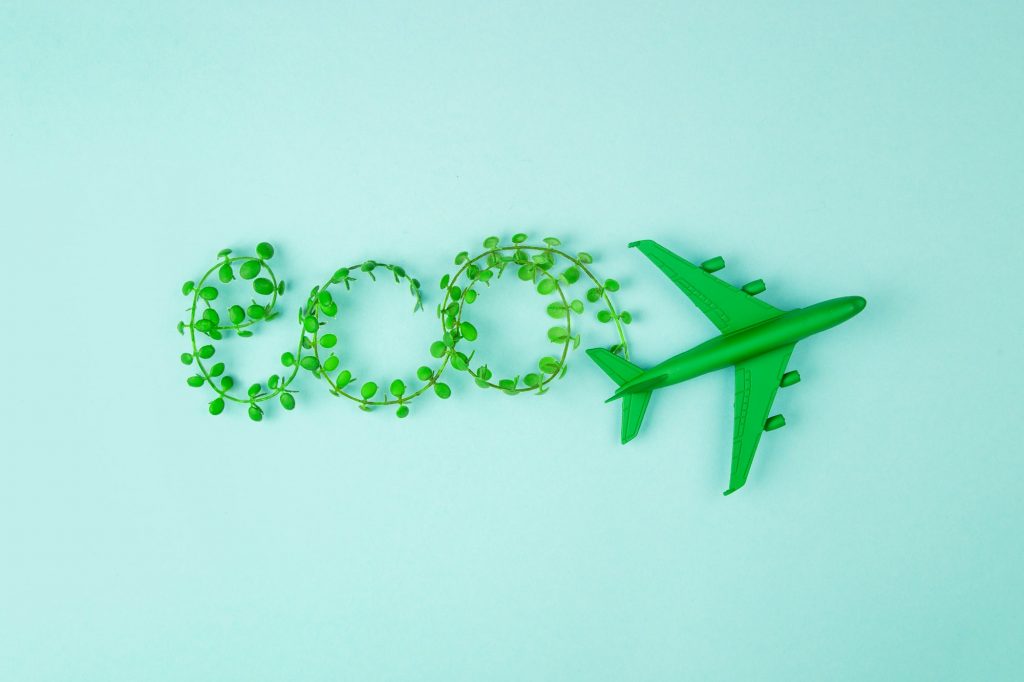 Eco aviation flight - green plane. Sustainability concept.